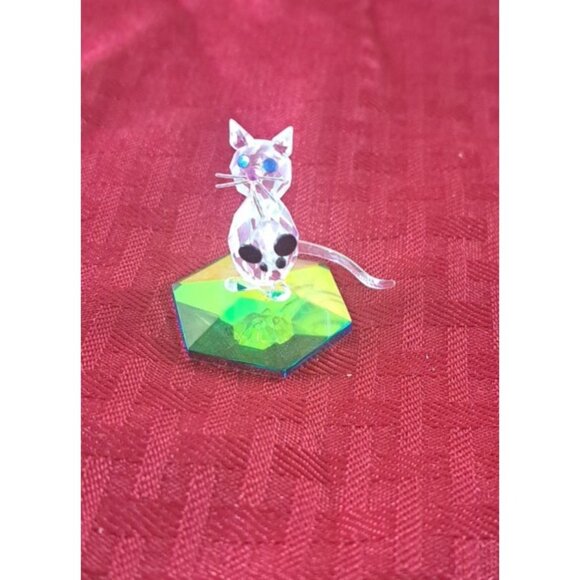 Crystal Cat With Mouse Tail in Mouth Figure Blue Eyes Black Accents Faceted - Picture 4 of 7